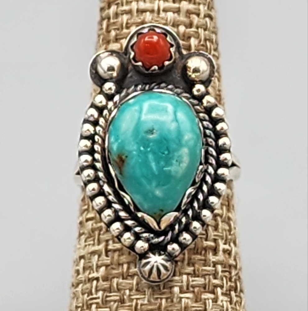Southwestern Turquoise, Coral, and Sterling Ring